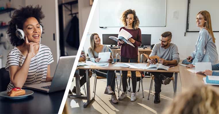Remote student and in-person students communicating in a HyFlex classroom