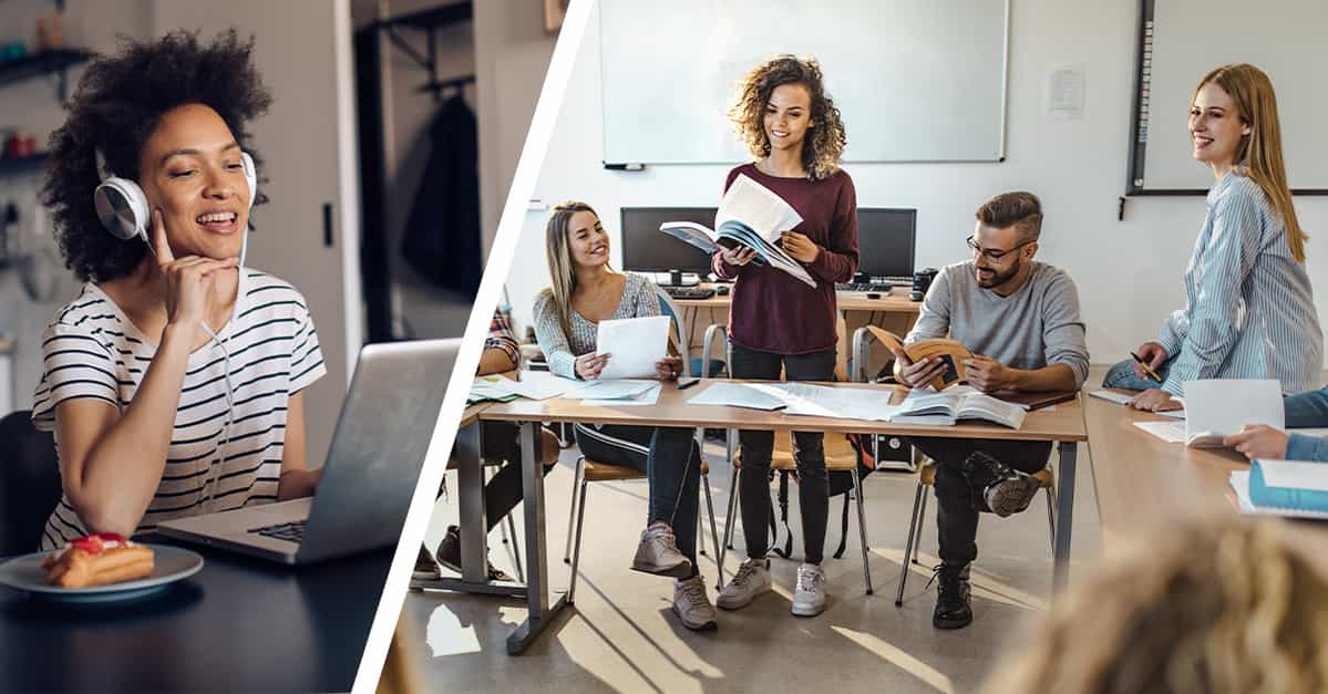 Remote student and in-person students communicating in a HyFlex classroom