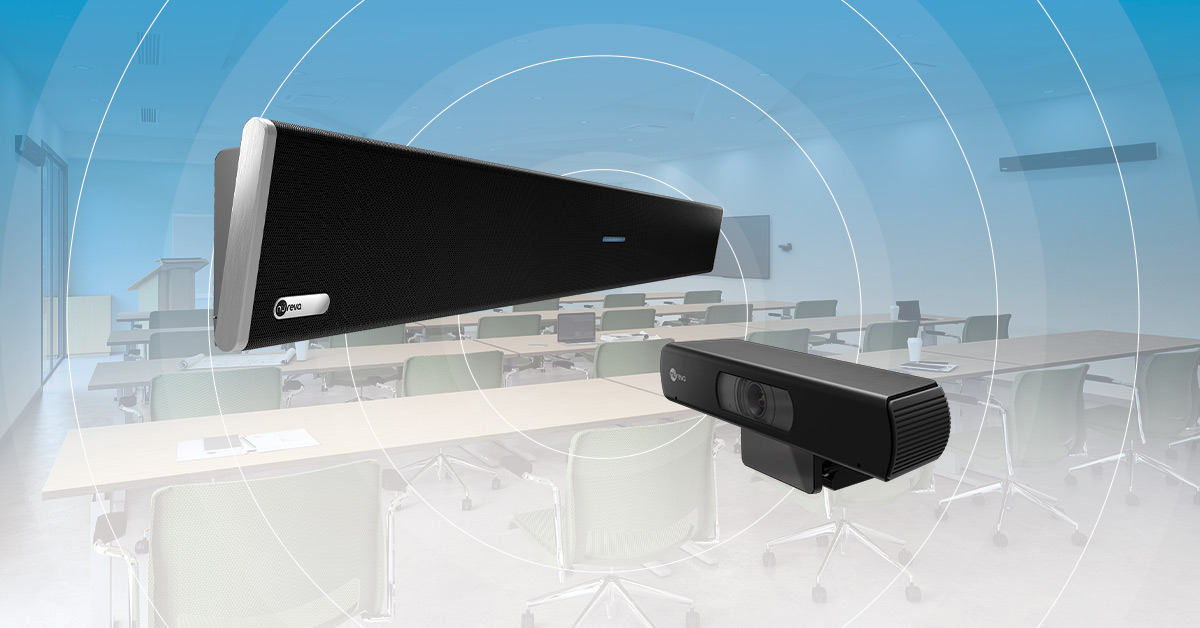 Nureva XT (featuring an integrated microphone and speaker bar and 4K camera) and a higher education classroom